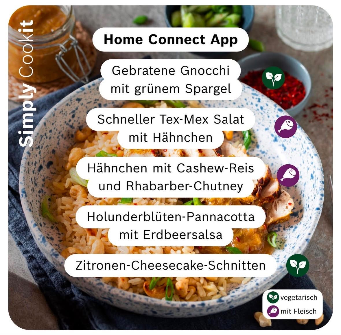 Frische Cookit Rezepte der Woche mit Gnocchi und Spargel, Tex‑Mex Salat, Hähnchen mit Cashew‑Reis, Holunderblüten‑Pannacotta und Zitronen‑Cheesecake‑Schnitten