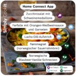 Nordische Cookit Rezepte der Woche mit Zucchinisalat und Schweinemedaillons, Garnelen‑Farfalle, Lachs‑Dill‑Aufstrich, Rømmegrøt und Blaubeer‑Vanille‑Schnecken