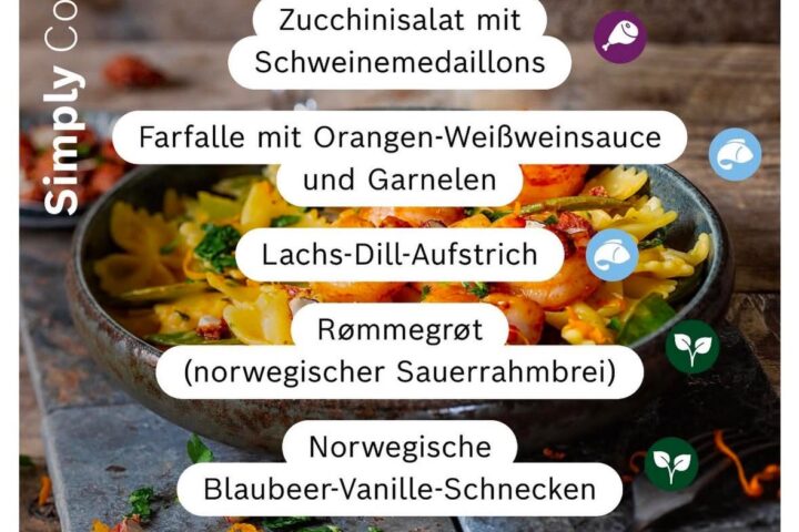 Nordische Cookit Rezepte der Woche mit Zucchinisalat und Schweinemedaillons, Garnelen‑Farfalle, Lachs‑Dill‑Aufstrich, Rømmegrøt und Blaubeer‑Vanille‑Schnecken