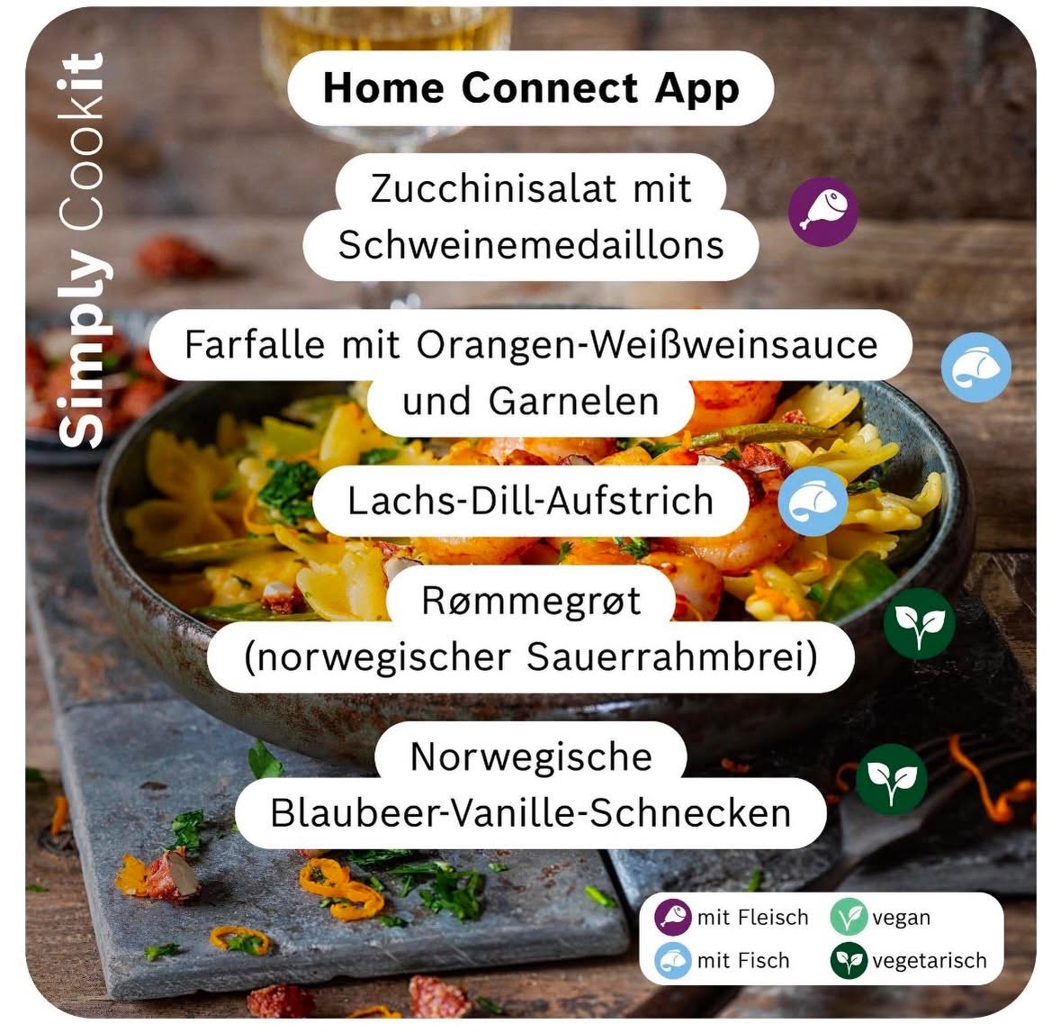 Nordische Cookit Rezepte der Woche mit Zucchinisalat und Schweinemedaillons, Garnelen‑Farfalle, Lachs‑Dill‑Aufstrich, Rømmegrøt und Blaubeer‑Vanille‑Schnecken