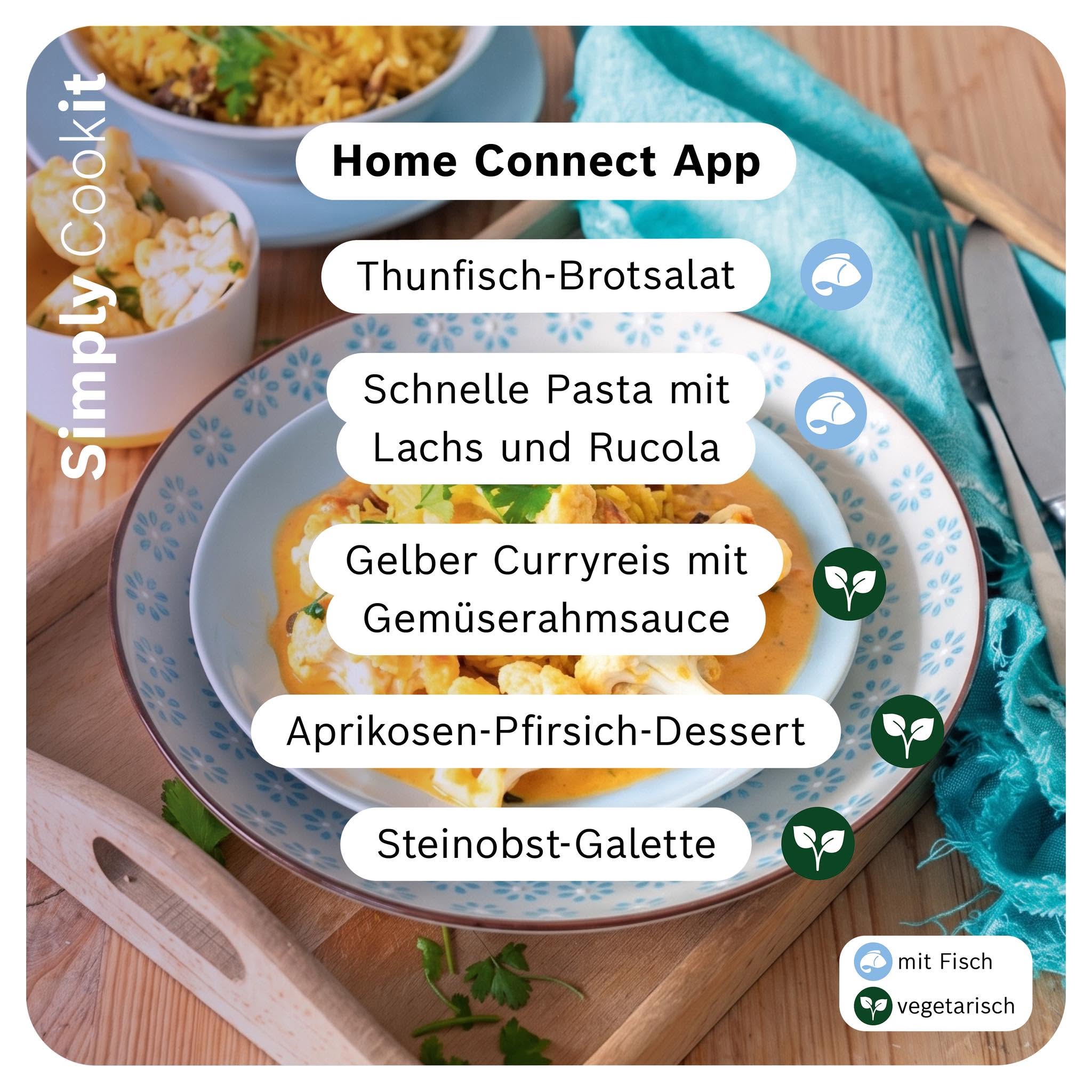 Sommerliche Auswahl neuer Cookit‑Rezepte aus der Home Connect App: Thunfisch‑Brotsalat, Pasta mit Lachs und Rucola, Gelber Curryreis mit Gemüserahmsauce, Aprikosen‑Pfirsich‑Dessert und Steinobst‑Galette.
