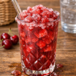 Glas mit Cola Kirsch Slush, garniert mit Kirschen und Trinkhalm, serviert als sommerliche Cookit Erfrischung.