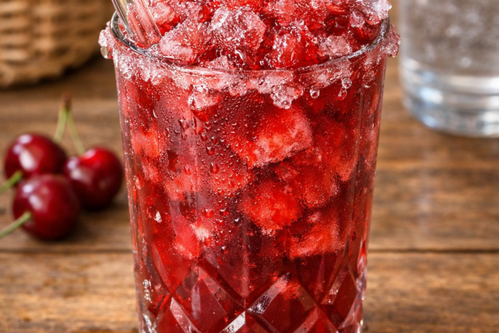 Glas mit Cola Kirsch Slush, garniert mit Kirschen und Trinkhalm, serviert als sommerliche Cookit Erfrischung.