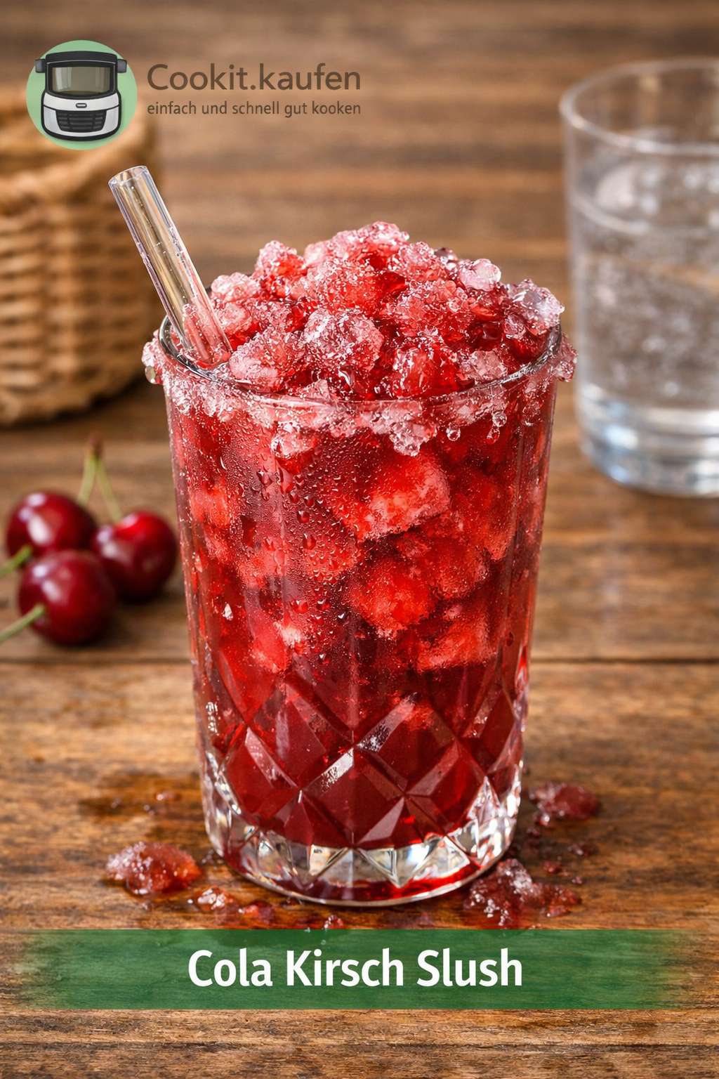 Glas mit Cola Kirsch Slush, garniert mit Kirschen und Trinkhalm, serviert als sommerliche Cookit Erfrischung.