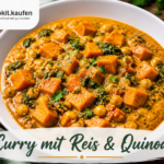 Cremiges Curry mit Kichererbsen, Gemüse, Reis und Quinoa auf einem Teller, zubereitet mit dem Bosch Cookit