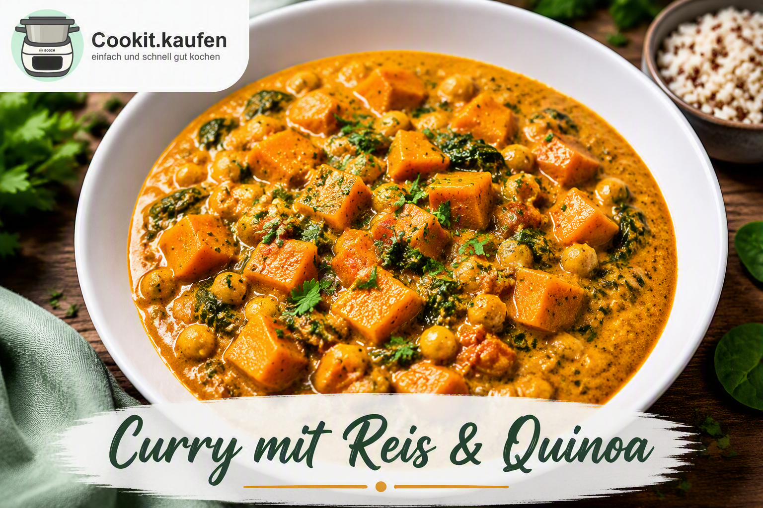 Cremiges Curry mit Kichererbsen, Gemüse, Reis und Quinoa auf einem Teller, zubereitet mit dem Bosch Cookit