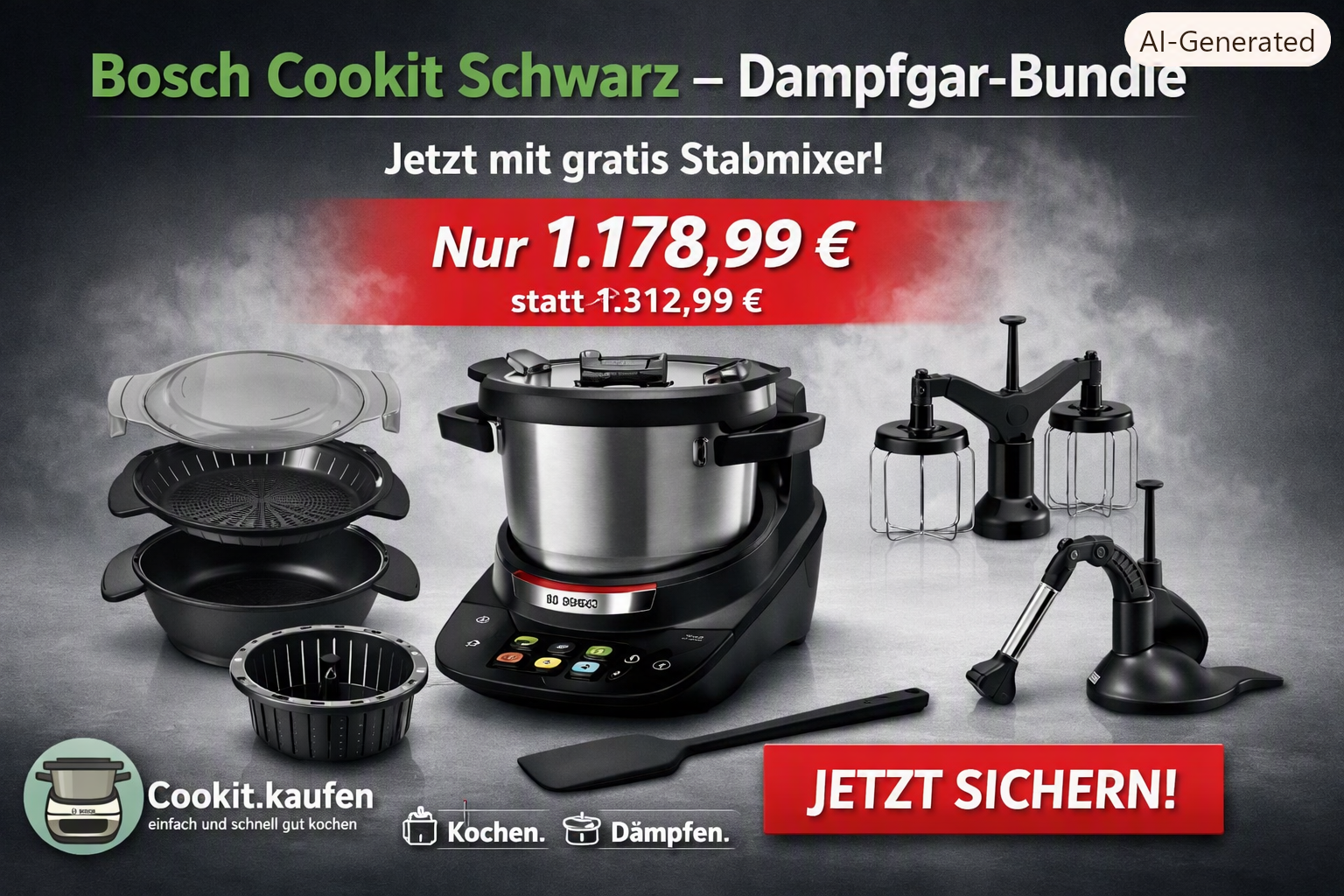 Bosch Cookit Schwarz mit großem Dampfgaraufsatz als Aktionsbundle unter 1.200 Euro