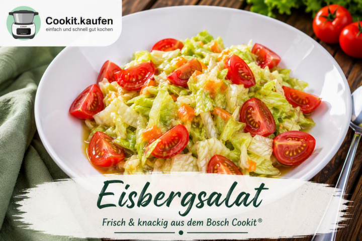 Knackiger Eisbergsalat mit Tomaten und cremigem Dressing in einer weißen Schüssel, zubereitet mit dem Bosch Cookit