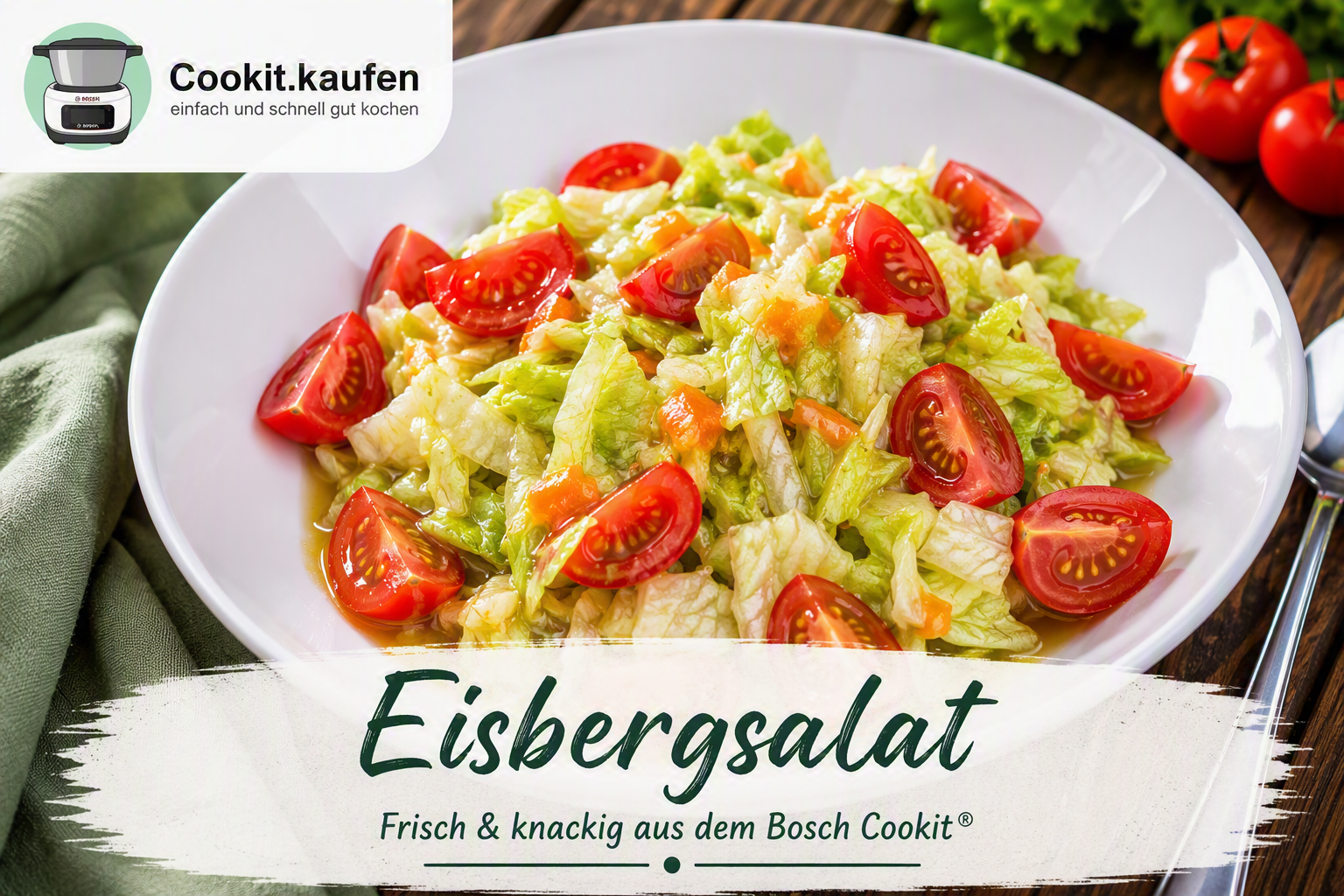 Knackiger Eisbergsalat mit Tomaten und cremigem Dressing in einer weißen Schüssel, zubereitet mit dem Bosch Cookit