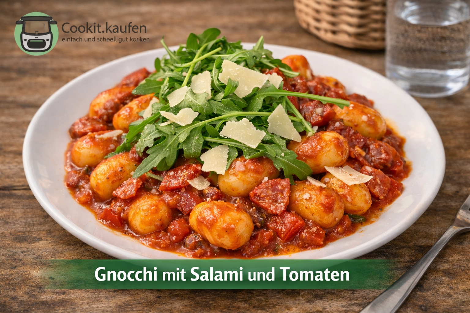 Teller mit cremigen One‑Pot Gnocchi, Salami und Tomaten, angerichtet als herzhaftes Cookit Rezept.