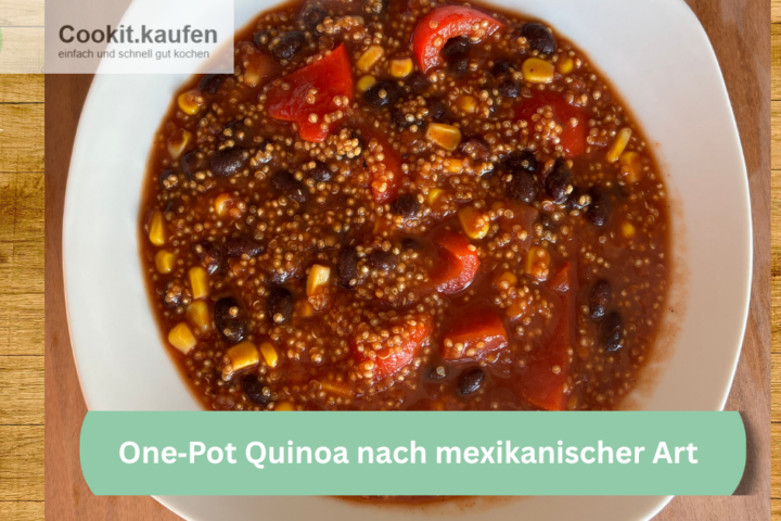 Schale mit One‑Pot Quinoa nach mexikanischer Art, gefüllt mit Bohnen, Mais, Tomaten und Kräutern – Cookit Rezept.