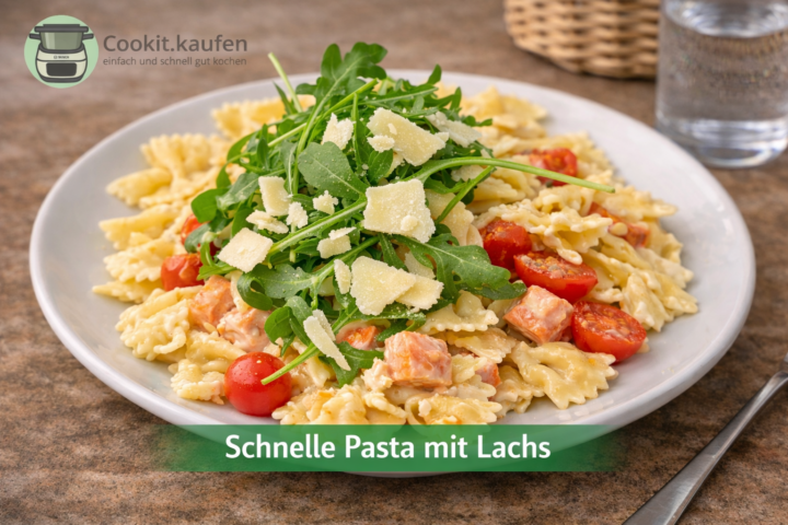 Teller mit Farfalle‑Pasta, Lachs, Kirschtomaten, frischem Rucola und gehobeltem Parmesan, angerichtet als schnelles Cookit Rezept „Schnelle Pasta mit Lachs“.