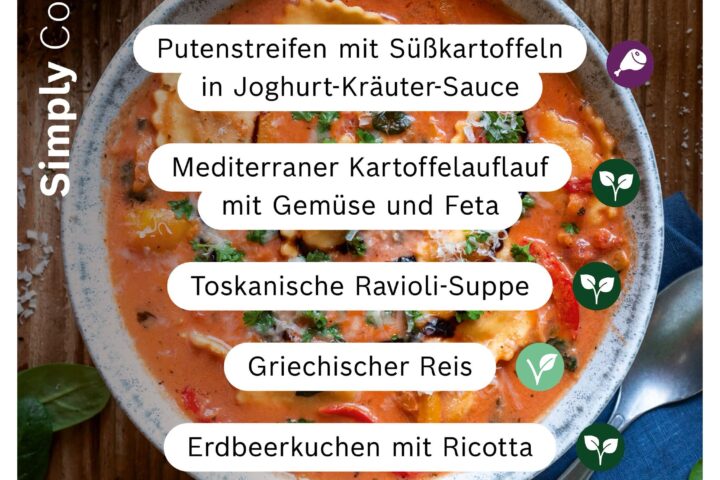 Mediterrane Gerichte wie Putenstreifen, Kartoffelauflauf, Ravioli‑Suppe, griechischer Reis und Erdbeerkuchen – neue Cookit Rezepte.