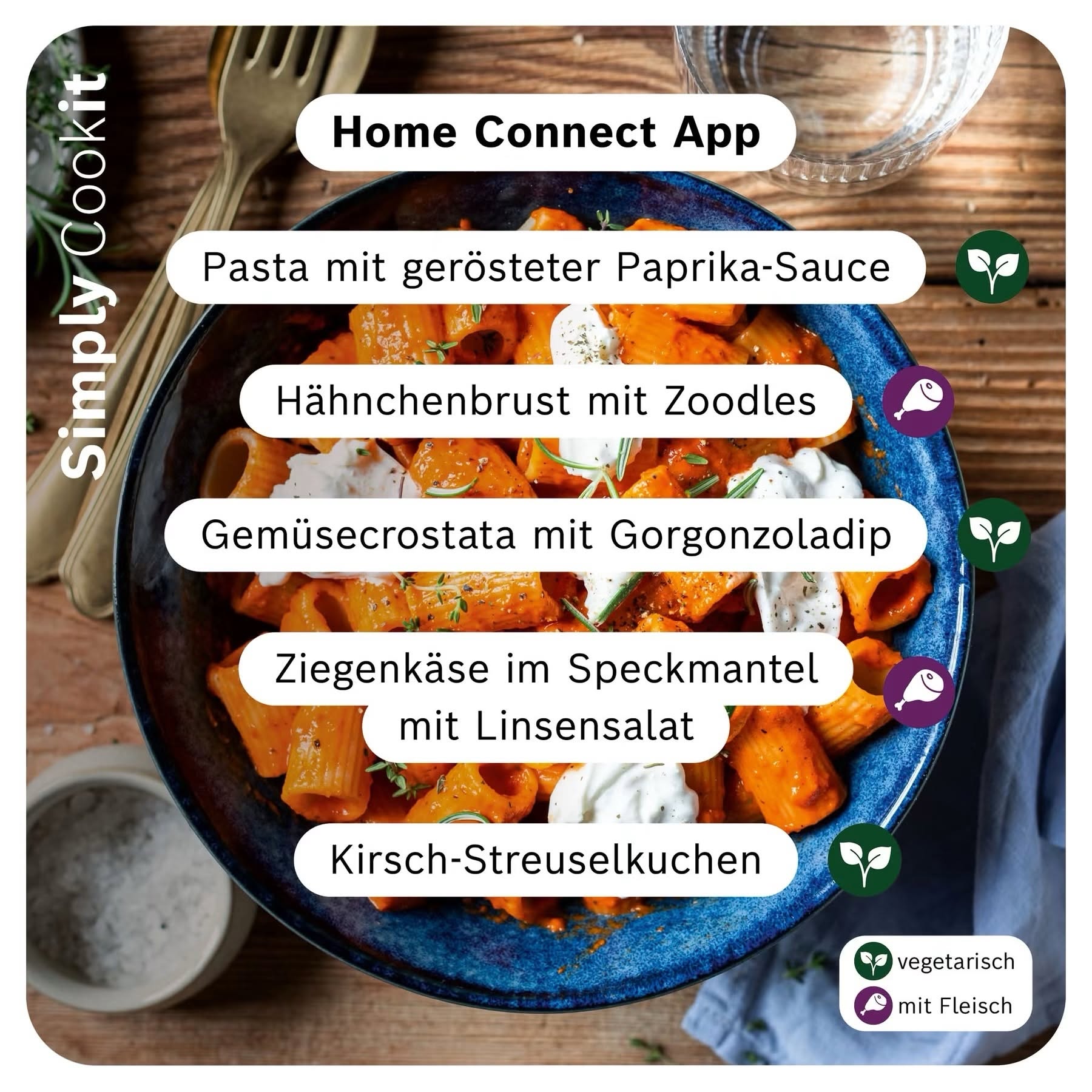 Fünf neue Cookit Rezepte der Woche: Pasta, Zoodles, Crostata, Ziegenkäse im Speckmantel und Kirsch‑Streuselkuchen