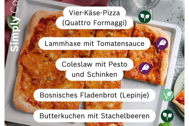 Neue Cookit Rezepte der Woche mit Vier-Käse-Pizza, Lammhaxe, Coleslaw, Lepinje und Butterkuchen mit Stachelbeeren.