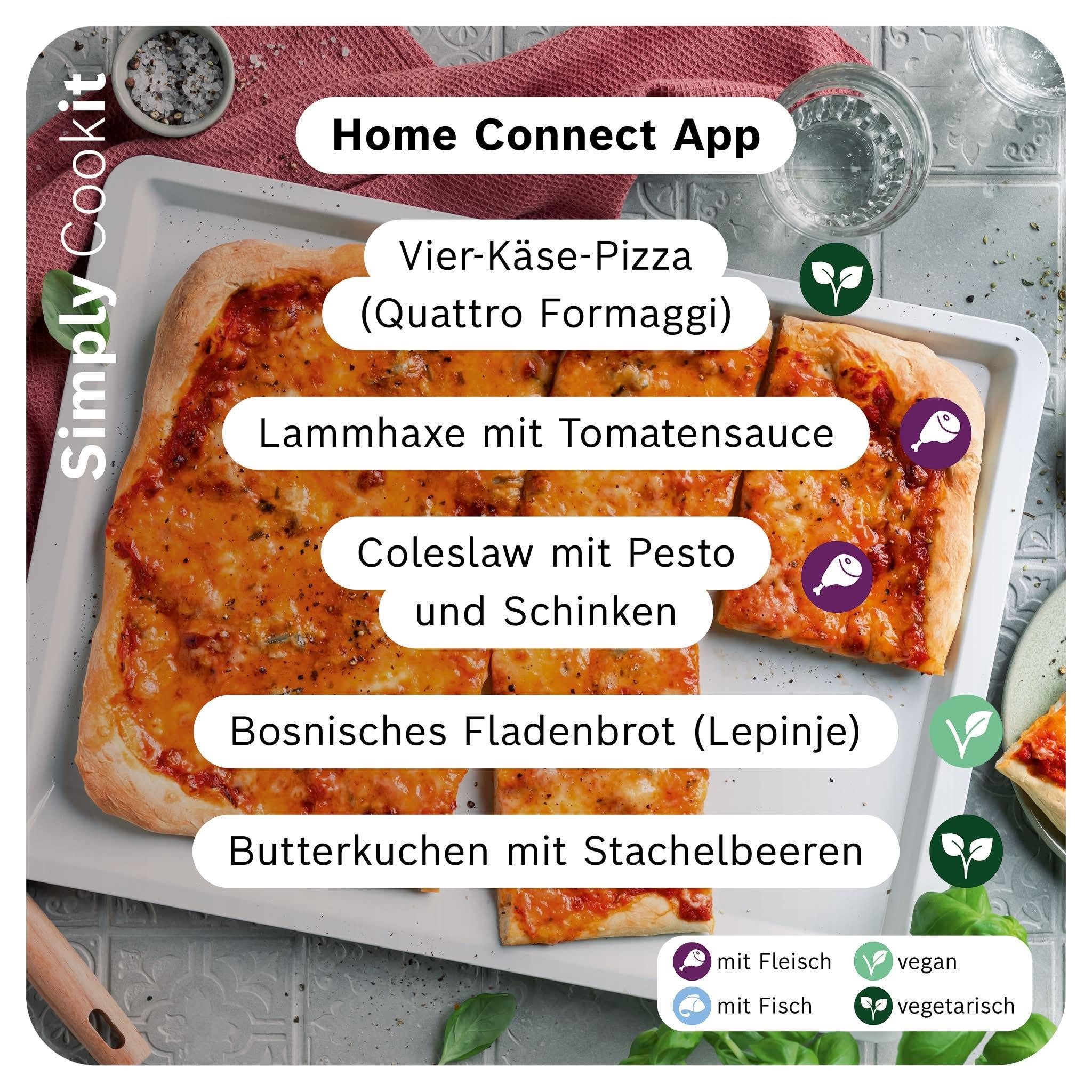 Neue Cookit Rezepte der Woche mit Vier-Käse-Pizza, Lammhaxe, Coleslaw, Lepinje und Butterkuchen mit Stachelbeeren.