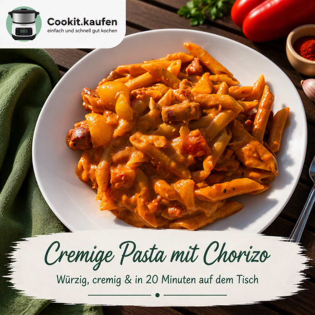 Cremige Penne mit Chorizo in würziger Tomatensauce aus dem Bosch Cookit.