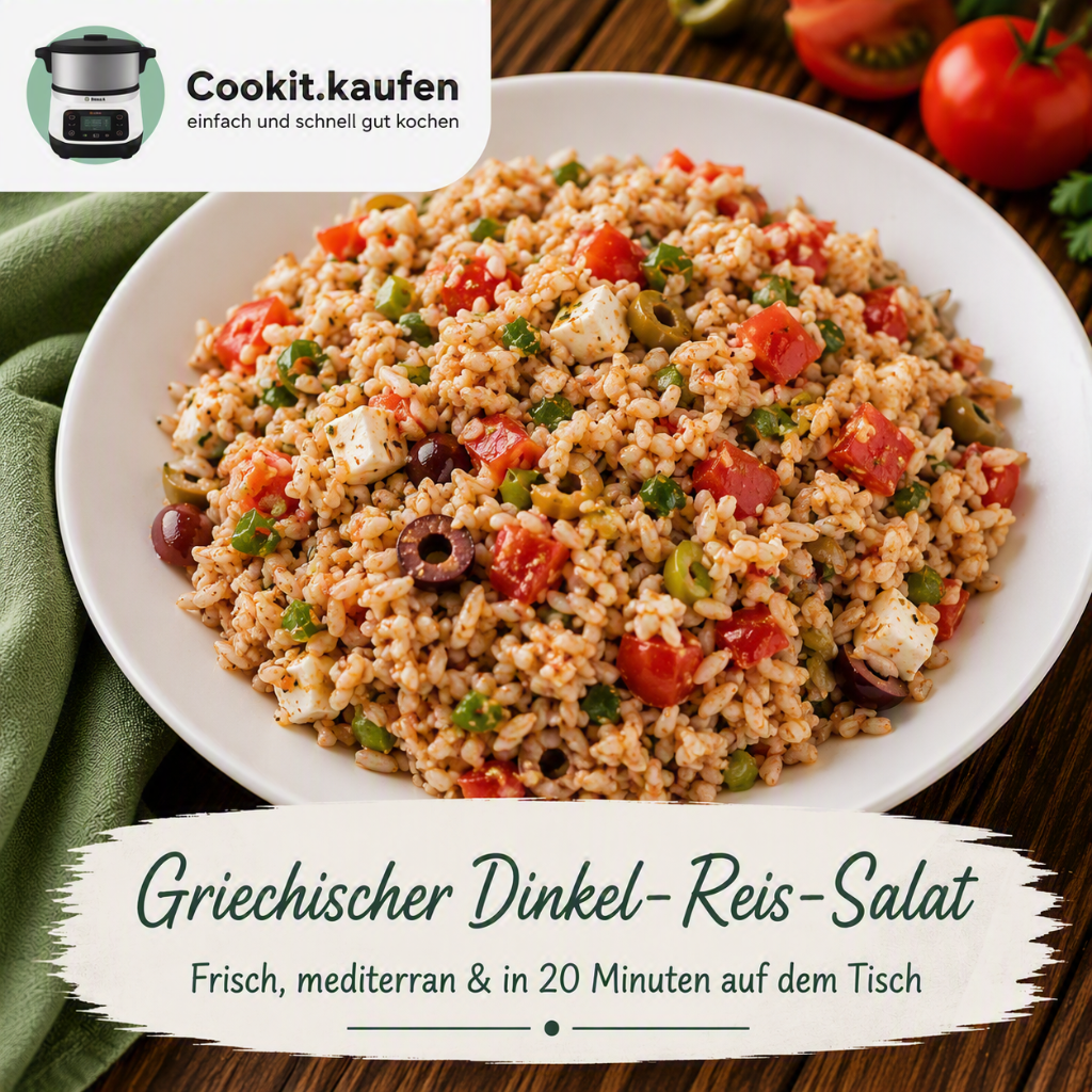 Griechischer Dinkel-Reis-Salat mit Feta, Paprika, Frühlingszwiebeln und Dinkel aus dem Bosch Cookit.