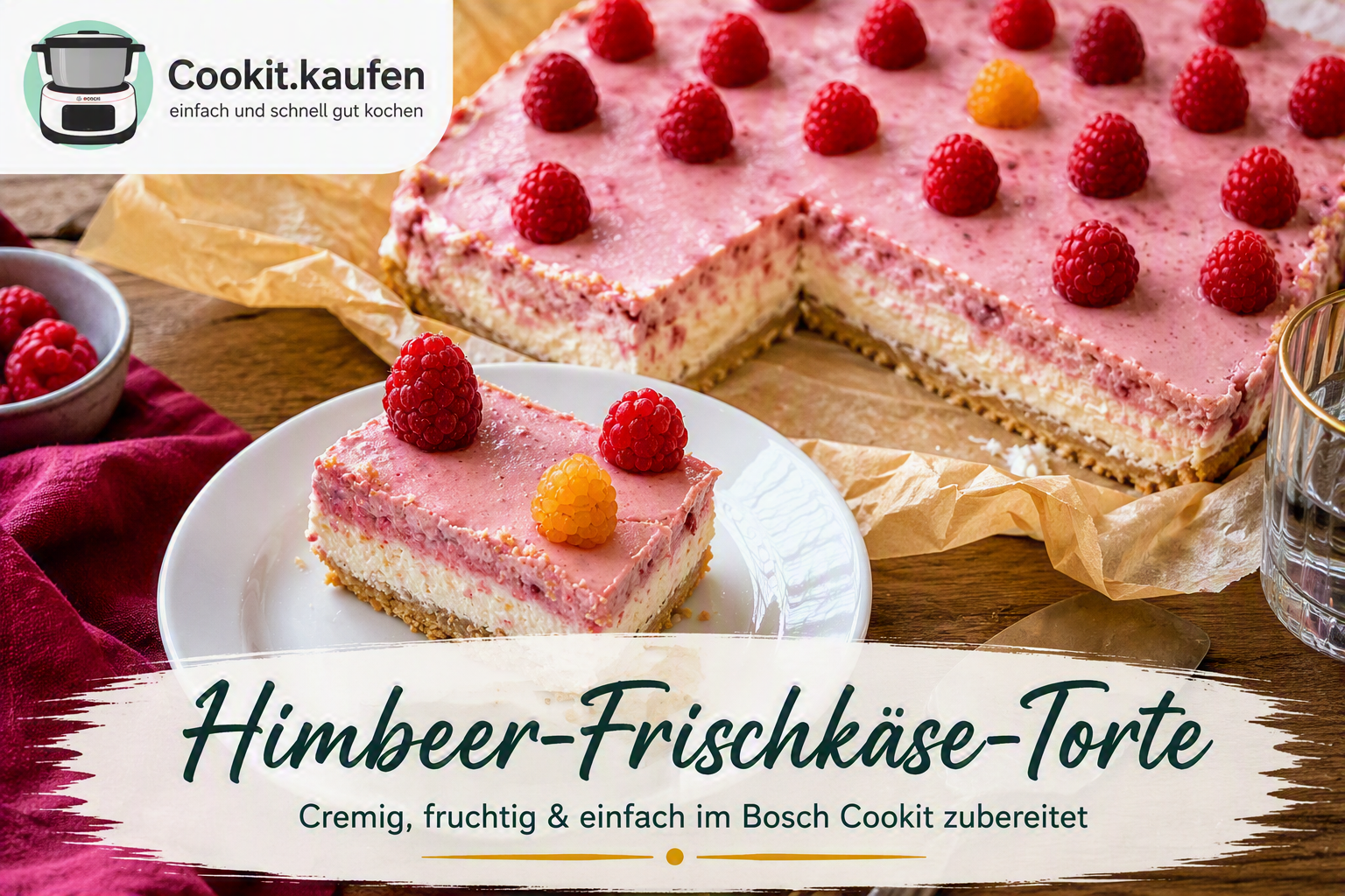 Himbeer-Frischkäse-Torte mit cremiger Frischkäsefüllung und frischen Himbeeren aus dem Bosch Cookit.
