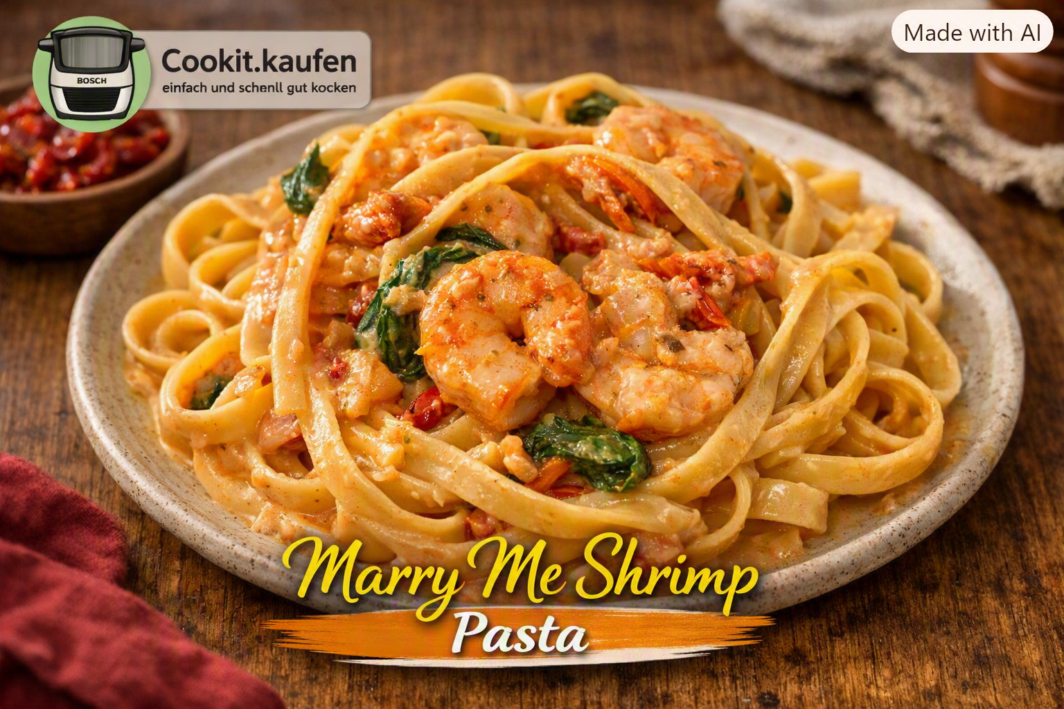 Cremige Marry Me Shrimp Pasta mit Garnelen, Parmesan und Basilikum aus dem Bosch Cookit.