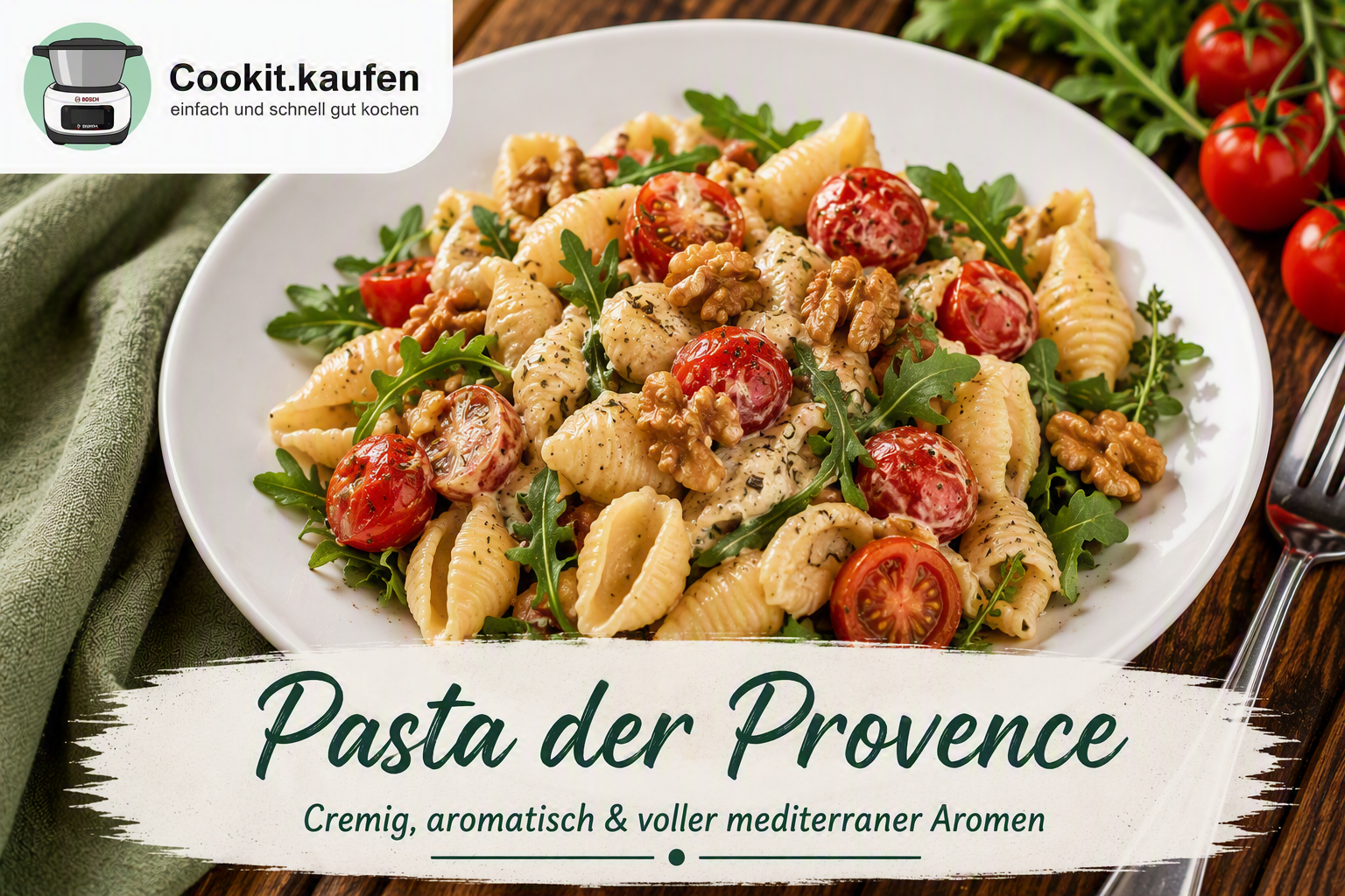 Pasta der Provence mit Muschelnudeln, cremiger Kräutersauce, Cherrytomaten, Walnüssen und frischem Rucola auf einem weißen Teller.