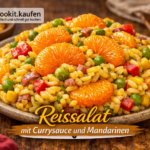 Fruchtiger Reissalat mit Currysauce, Mandarinen, Erbsen und Paprika als Beilage zu gegrillter