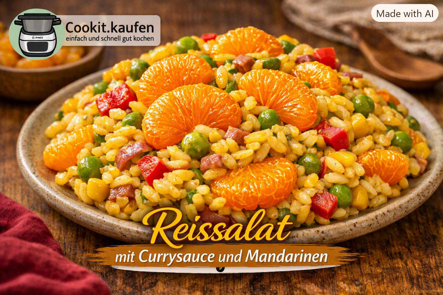 Fruchtiger Reissalat mit Currysauce, Mandarinen, Erbsen und Paprika als Beilage zu gegrillter