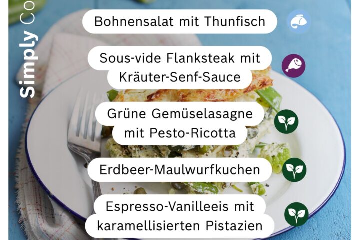 Sous‑vide Flanksteak mit Kräuter‑Senf‑Sauce und weiteren neuen Cookit‑Rezepten wie Bohnensalat, Gemüselasagne, Erdbeer‑Maulwurfkuchen und Espresso‑Vanilleeis