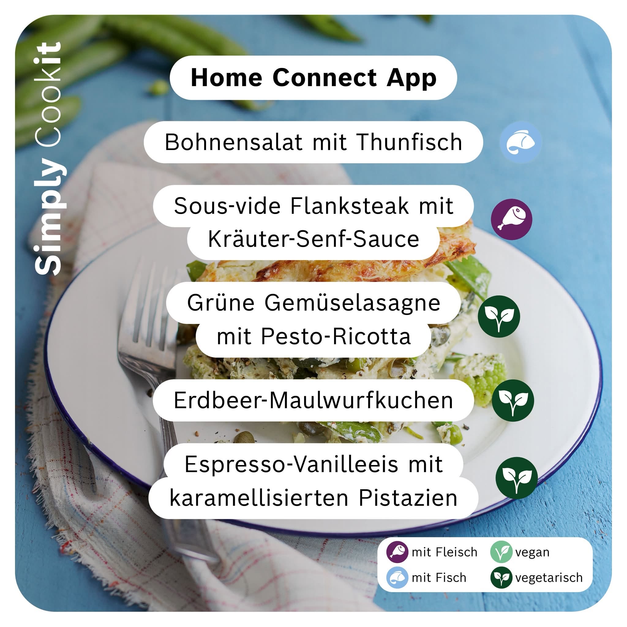 Sous‑vide Flanksteak mit Kräuter‑Senf‑Sauce und weiteren neuen Cookit‑Rezepten wie Bohnensalat, Gemüselasagne, Erdbeer‑Maulwurfkuchen und Espresso‑Vanilleeis