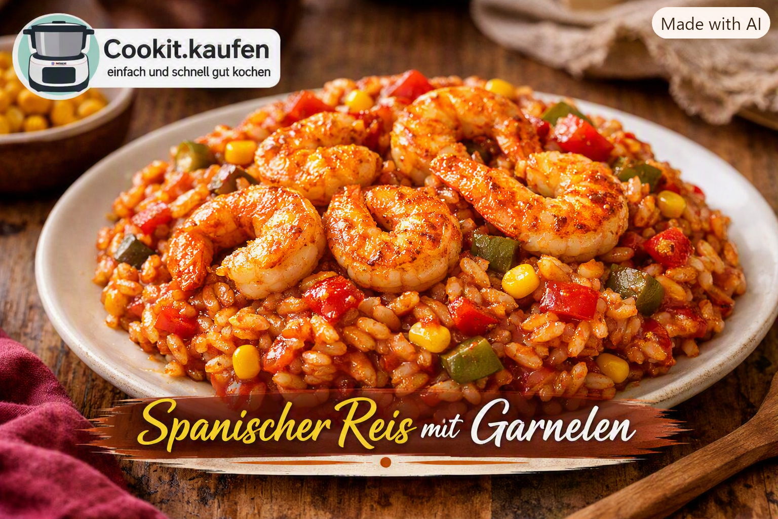 Spanischer Reis mit Garnelen, Paprika, Mais und Tomatensauce aus dem Bosch Cookit.