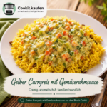Gelber Curryreis mit cremiger Gemüserahmsauce, Karotten und Lauch auf einem weißen Teller.