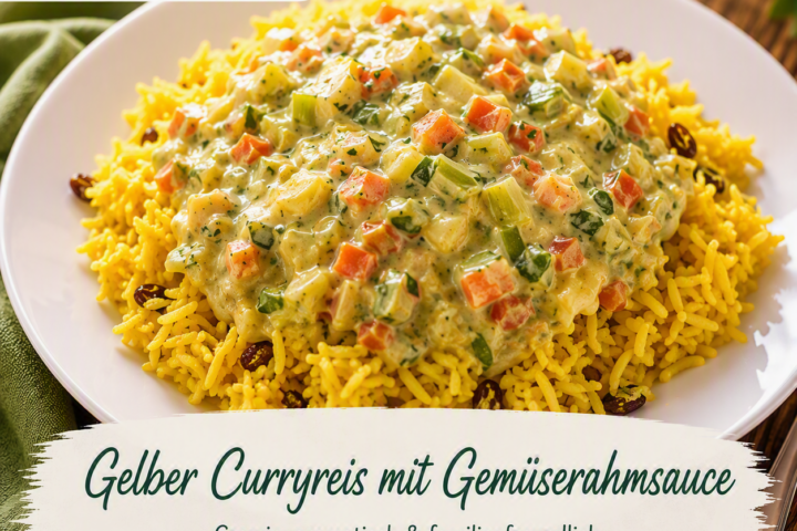 Gelber Curryreis mit cremiger Gemüserahmsauce, Karotten und Lauch auf einem weißen Teller.