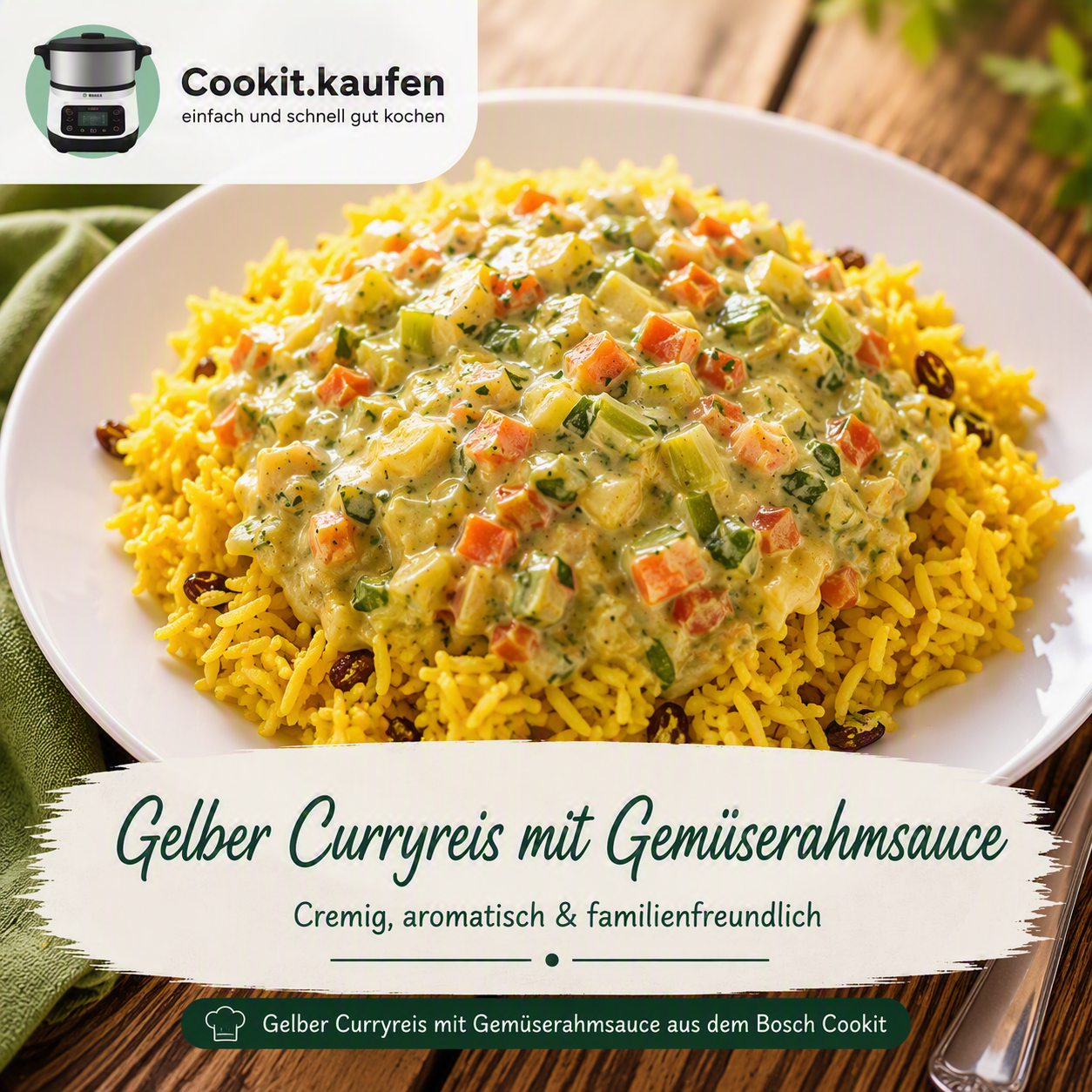 Gelber Curryreis mit cremiger Gemüserahmsauce, Karotten und Lauch auf einem weißen Teller.