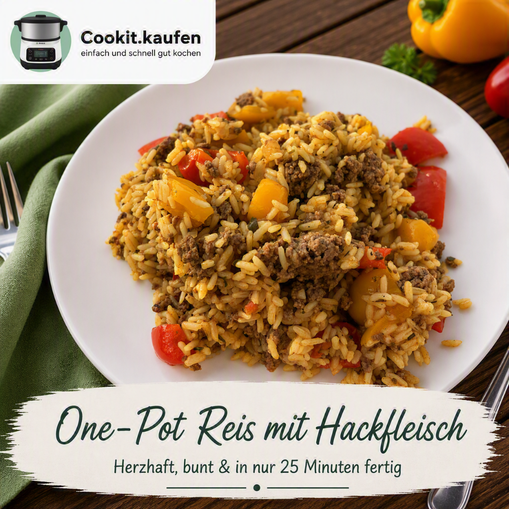 One-Pot Reis mit Hackfleisch, Gemüse und würziger Tomatensauce aus dem Bosch Cookit.