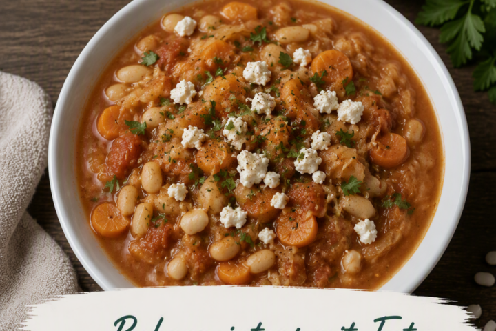 Bohneneintopf mit weißen Bohnen, Kidneybohnen, Kartoffeln, Tomaten und Feta aus dem Bosch Cookit, garniert mit frischer Petersilie.