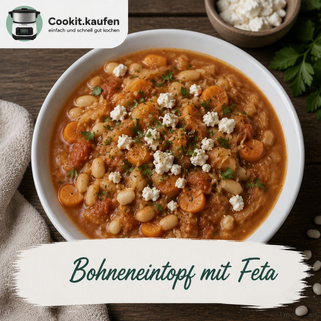 Bohneneintopf mit weißen Bohnen, Kidneybohnen, Kartoffeln, Tomaten und Feta aus dem Bosch Cookit, garniert mit frischer Petersilie.