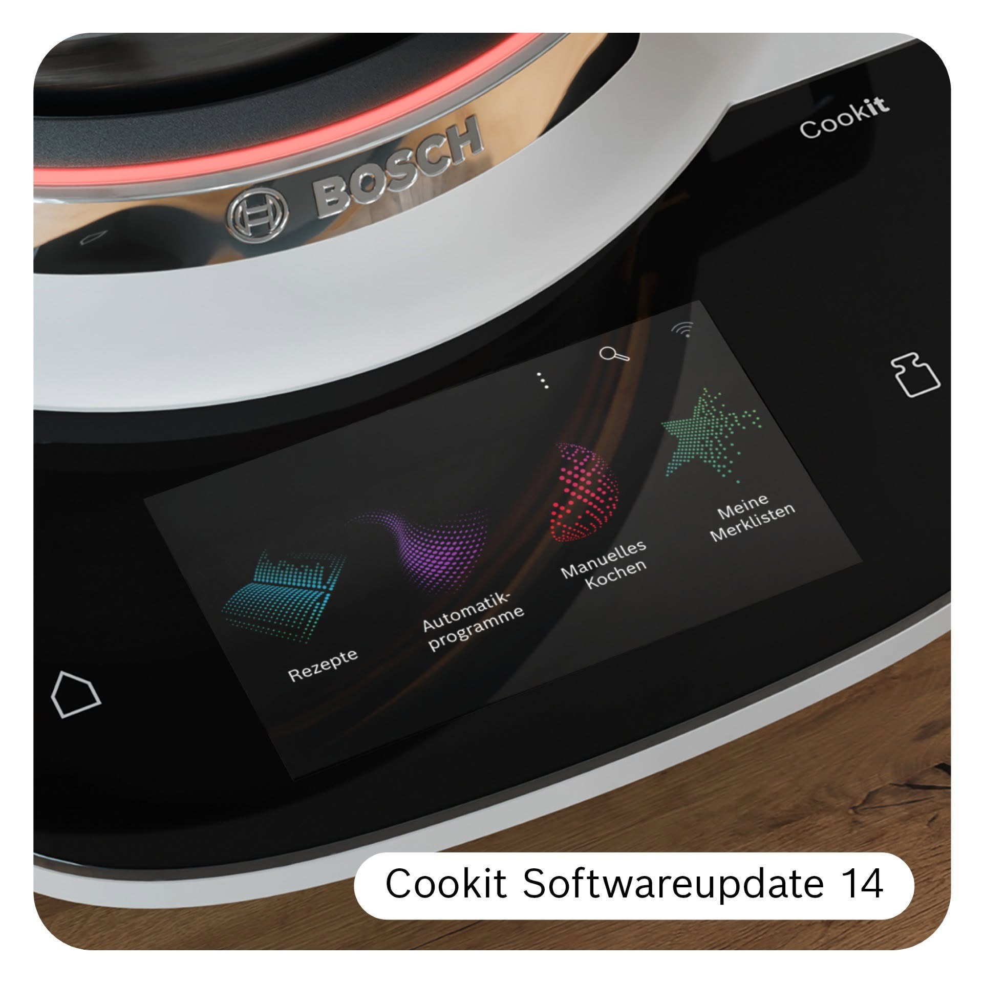 Bosch Cookit Software Update 2026 mit modernisiertem Display-Design und neuen Rezepten für Schneidescheiben-Zubehör.