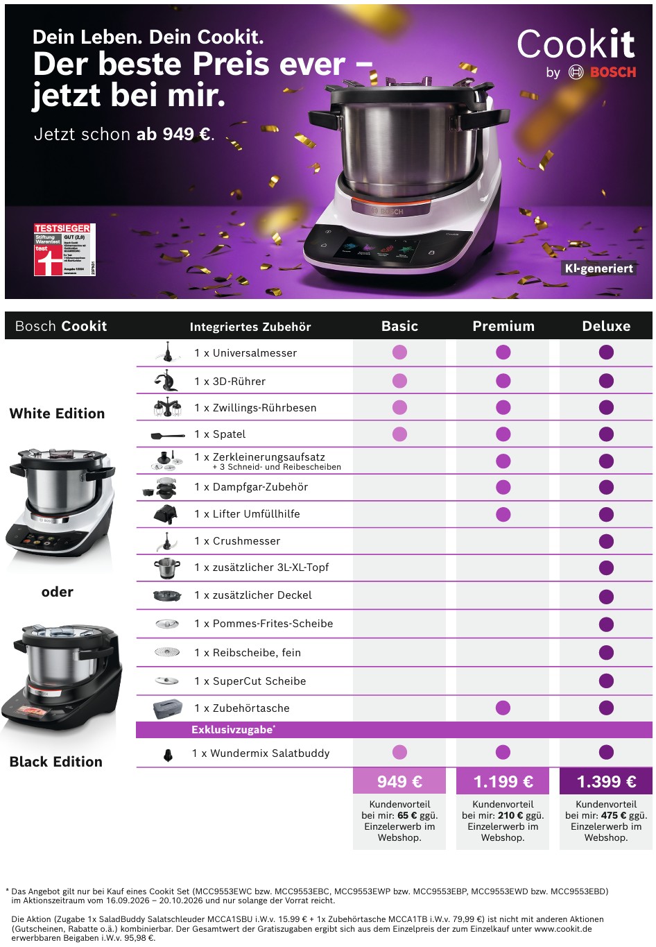 Bosch Cookit Preisaktion 2026 mit Basic-, Premium- und Deluxe-Sets ab 949 Euro inklusive gratis Salatbuddy.