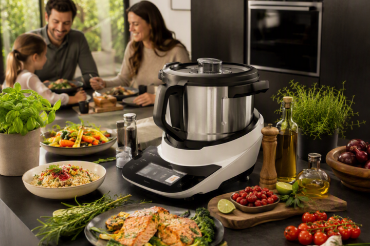 Familie kocht gemeinsam mit Bosch Cookit in moderner Küche