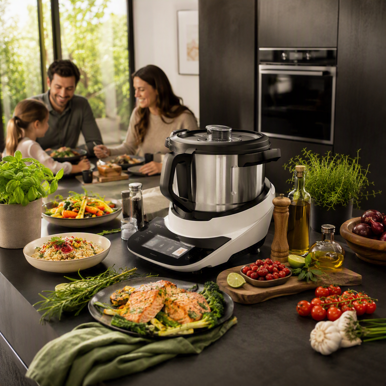 Familie kocht gemeinsam mit Bosch Cookit in moderner Küche