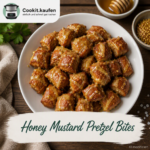 Goldbraun gebackene Honey Mustard Pretzel Bites in einer weißen Schüssel. Die knusprigen Laugenhäppchen sind mit einer würzigen Honig-Senf-Gewürzmischung verfeinert und auf einem Holztisch angerichtet.