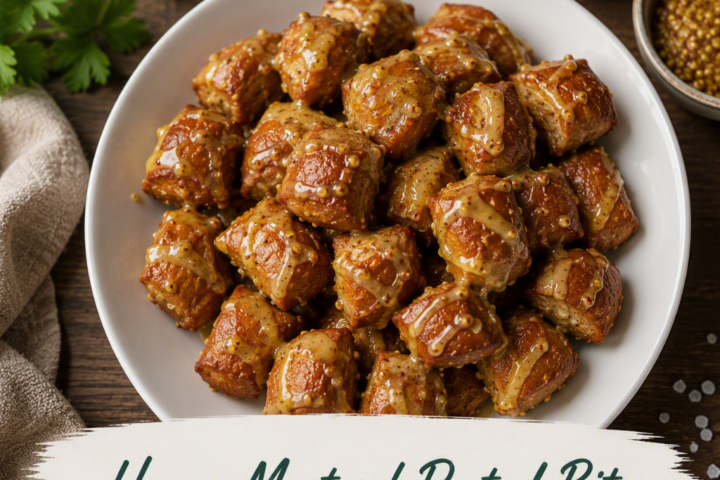 Goldbraun gebackene Honey Mustard Pretzel Bites in einer weißen Schüssel. Die knusprigen Laugenhäppchen sind mit einer würzigen Honig-Senf-Gewürzmischung verfeinert und auf einem Holztisch angerichtet.