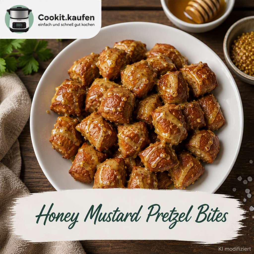 Goldbraun gebackene Honey Mustard Pretzel Bites in einer weißen Schüssel. Die knusprigen Laugenhäppchen sind mit einer würzigen Honig-Senf-Gewürzmischung verfeinert und auf einem Holztisch angerichtet.