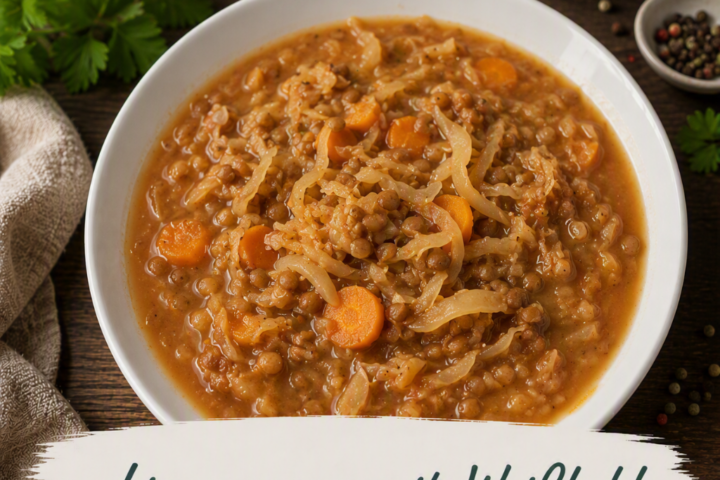 Hausgemachte Linsensuppe mit Weißkohl, Karotten und Linsen in einer herzhaften Brühe aus dem Bosch Cookit.