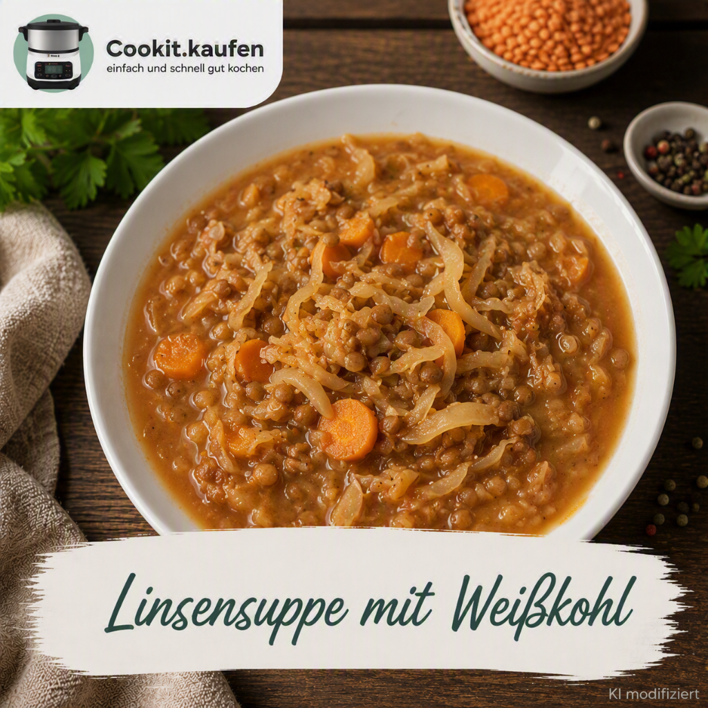 Hausgemachte Linsensuppe mit Weißkohl, Karotten und Linsen in einer herzhaften Brühe aus dem Bosch Cookit.