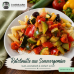 Ratatouille aus Sommergemüse mit Paprika, Zucchini, Tomaten und Oliven auf Reis und Penne aus dem Bosch Cookit.