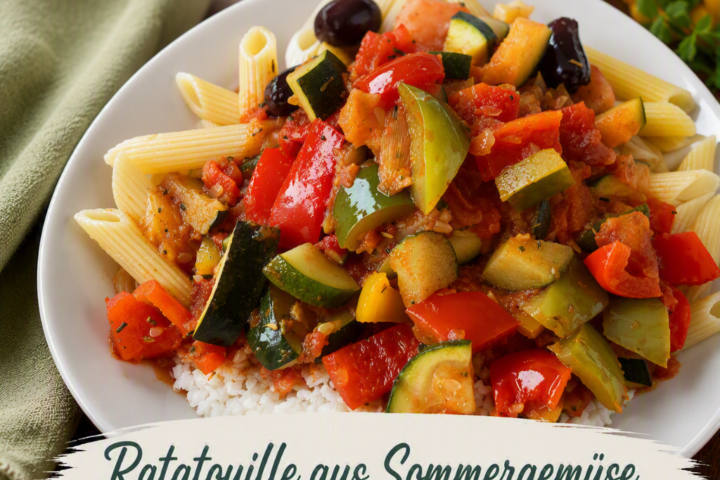 Ratatouille aus Sommergemüse mit Paprika, Zucchini, Tomaten und Oliven auf Reis und Penne aus dem Bosch Cookit.