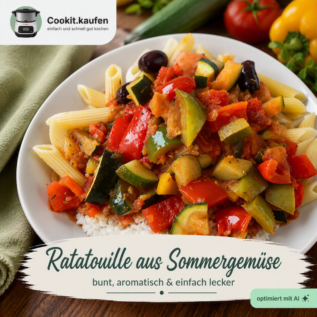 Ratatouille aus Sommergemüse mit Paprika, Zucchini, Tomaten und Oliven auf Reis und Penne aus dem Bosch Cookit.
