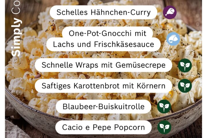 Neue Cookit Rezepte der Woche mit Hähnchen-Curry, One-Pot-Gnocchi, Gemüse-Wraps, Karottenbrot und Blaubeer-Biskuitrolle.
