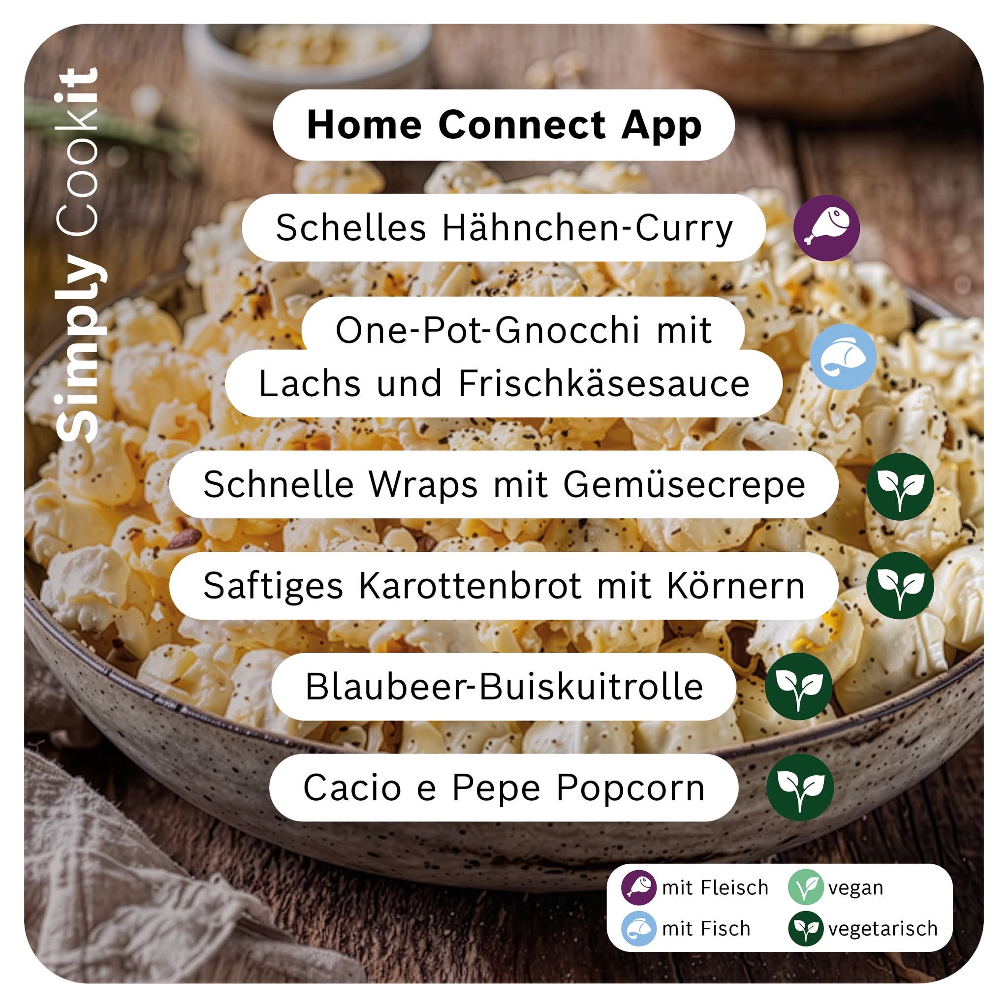 Neue Cookit Rezepte der Woche mit Hähnchen-Curry, One-Pot-Gnocchi, Gemüse-Wraps, Karottenbrot und Blaubeer-Biskuitrolle.